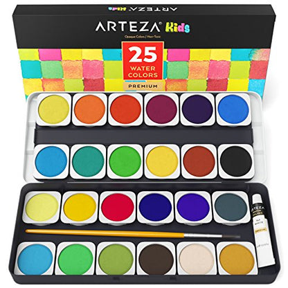 ARTEZA Kids Premium Watercolor Paint Set, 25 Vibrant Color Cakes, Includes Paint Brush (Set of 25), Art Supplies for Watercolor Painting, for Kids