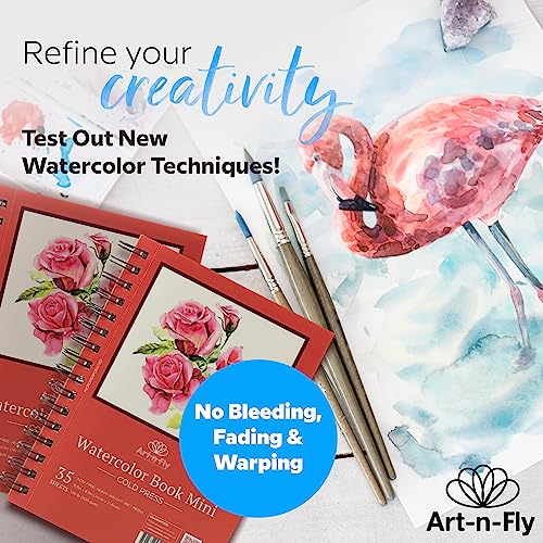 Art-n-Fly 5.5 x 8.5 in Watercolor Sketchpad Mini Book - 2 Pack x 35 Sheets Each- Spiral Bound and Microperforated - 300gsm / 140lb 8.5x5.5' Art-n-Fly