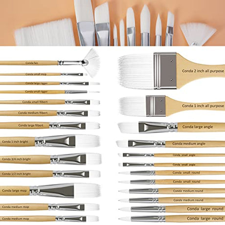 CONDA Paint Brushes Set of 24 Different Shapes Professional Painting Brushes for Oil, Acrylic Canvas and Watercolor Painting (White) conda