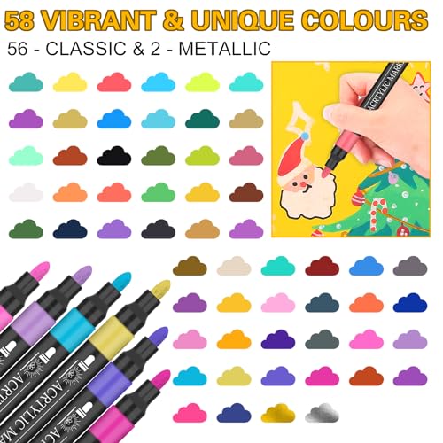 NICETY 58 Colors Acrylic Paint Pens Paint Markers, 3mm Medium Tip Point Acrylic Paint Pens for Rock Painting, Canvas, Wood, Ceramic, Glass, Stone,