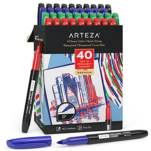 ARTEZA Colored Permanent Markers, Set of 40, 4 Classic Colors, Fine Tip Paint Pens, Smear-Proof, Waterproof, for Plastic, Stone, Glass, Wood,
