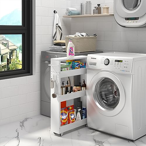 CHLORYARD Slim Storage Cart, 4-Tier Kitchen Rolling Cart Narrow Storage Cabinet with Handle & Wheels, Metal Rolling Shelf Unit for Kitchen Bathroom CHLORYARD