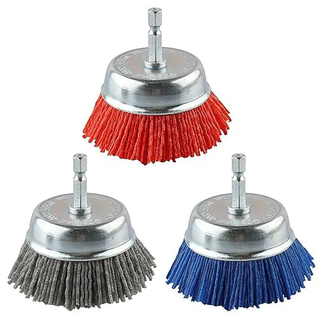 Rocaris 3 Pack Nylon Filament Abrasive Cup Brush Set with 1/4 Inch Hex Shank, for Removal of Rust/Corrosion/Paint - 80 Grit, 120 Grit, 240 Grit Rocaris