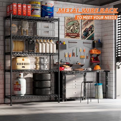 REIBII 73''H Storage Shelves 1780LBS Wire Shelving Unit with Wheels 5 Tier Metal Shelving,Heavy Duty Metal Shelves for Storage Rack,73''HX35''WX15''D REIBII