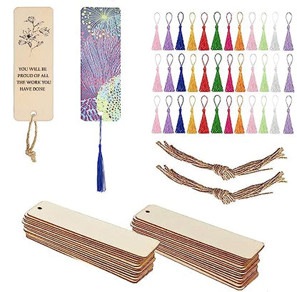 108 Pieces Wood Blank Bookmarks Set, BetterJonny 36 Pieces Craft Bookmark with 36 Pieces Tassels and 36 Pieces Ropes DIY Unfinished Wood Book Marker