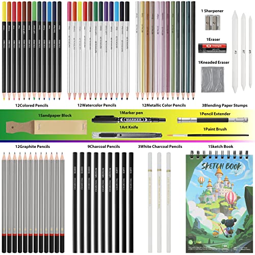 Vnzil 72 Pack Drawing Set Sketching Kit, Art Supplies for Artists, Beginners, Adults, Teens, Premium Art Kit with 50 Sheets Sketch Book, Colored, Vnzil