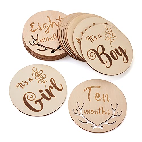 16pcs Baby Monthly Milestone Cards Basswood Milestone Cards with Word Flat Round Wooden Baby Milestone Sign for Baby Registry & Shower Gifts, Newborn EEE ELECRELIVE