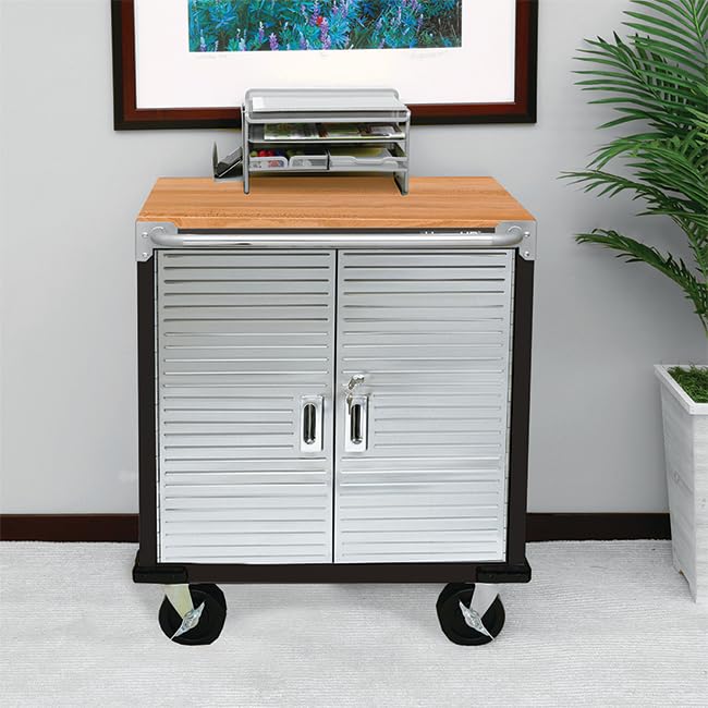 Seville Classics UltraHD 28" W x 18" D x 34.5" H Wood Top Mobile Storage Cabinet, Satin Graphite - WoodArtSupply