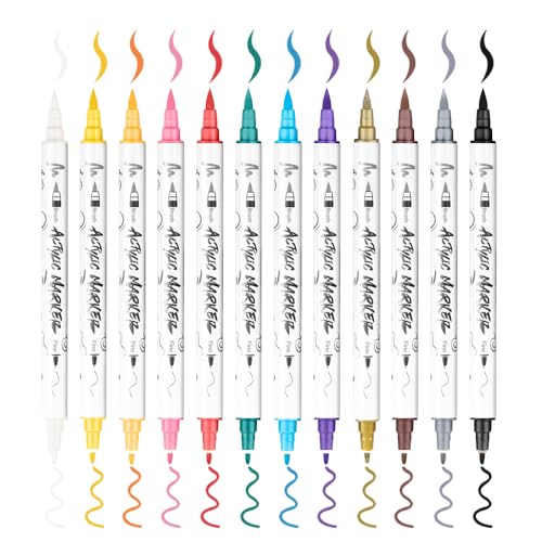 TRANSON 12 Colors Acrylic Paint Marker Pen Set Fine and Brush Dual-tip for Canvas Rock Wood Leather Ceramic DIY Painting TRANSON