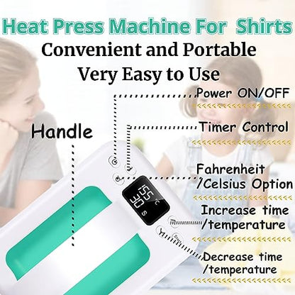 KORGOL Heat Press Machine for T Shirts, 7" × 5" Portable Mini Heat Press Fast Even Heat, Easy Press T Shirt Printer Machine with Insulated Base,for - WoodArtSupply