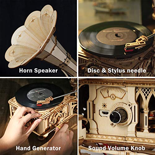 ROKR 3D Wooden Puzzles Gramophone for Adults - DIY Mechanical Model Kit 1:1 Replica Record Player Support 7"/10" Vinyl Premium Gift Hobbies for ROKR