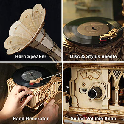 ROKR 3D Wooden Puzzles Gramophone for Adults - DIY Mechanical Model Kit 1:1 Replica Record Player Support 7"/10" Vinyl Premium Gift Hobbies for - WoodArtSupply