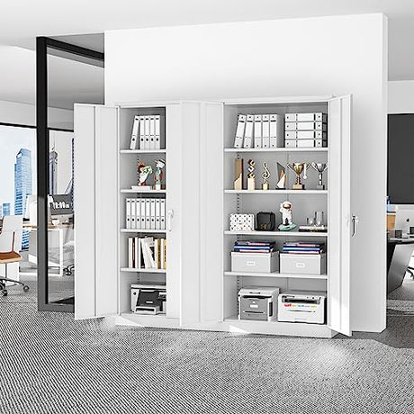 Superday Metal Storage Cabinets, 71" Steel Storage Cabinet with Lock, Tall White Cabinet with 2 Doors and 4 Adjustable Shelves for Garage, Home Superday