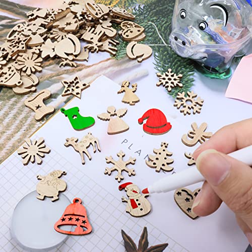 yueton 100PCS Mini Christmas Tree Snowflakes Stars Moose Bells Hats Socks Angels Christmas Unfinished Blank Wood Pieces Wood Slices Wood Chips - WoodArtSupply