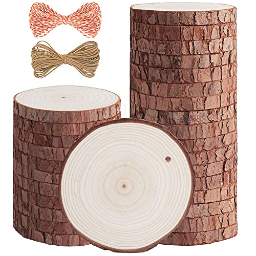 5ARTH Natural Wood Slices - 30 Pcs 3.1-3.5 inches Craft Unfinished Wood kit Predrilled with Hole Wooden Circles for Arts Wood Slices Christmas