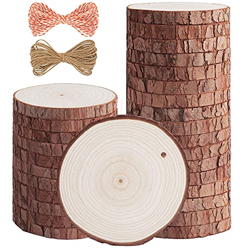 5ARTH Natural Wood Slices - 30 Pcs 3.1-3.5 inches Craft Unfinished Wood kit Predrilled with Hole Wooden Circles for Arts Wood Slices Christmas 5ARTH