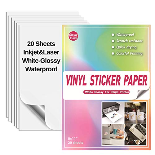 20 Glossy Sticker Paper Cricut for Inkjet Printer- Waterproof Paper Printable Vinyl White Decal Sheets A4 - Holds Ink Beautifully & Dries Quickly GPFMLDFV
