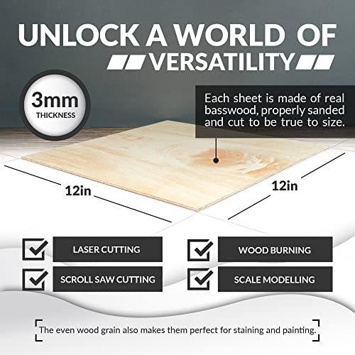 Basswood Sheets for Crafts 1/8 inch, 3mm Plywood Sheets for Laser Cutting, Wood Burning, Architectural Models, Drawing - 10 Pack Bass Wood 12 x 12