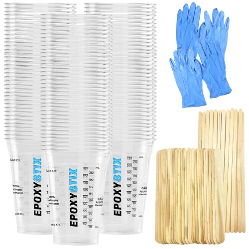 [Pack of 100] Disposable Measuring Cups for Mixing Epoxy Resin - Measurements in mL and Oz - Bonus Pack With 25 Applicator Sticks, 25 Mixing Sticks