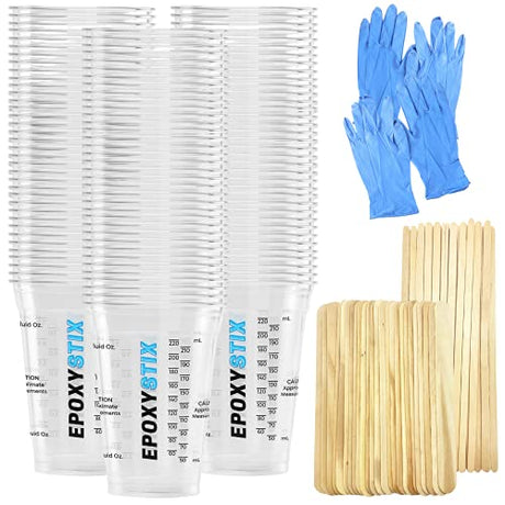 [Pack of 100] Disposable Measuring Cups for Mixing Epoxy Resin - Measurements in mL and Oz - Bonus Pack With 25 Applicator Sticks, 25 Mixing Sticks EpoxyStix