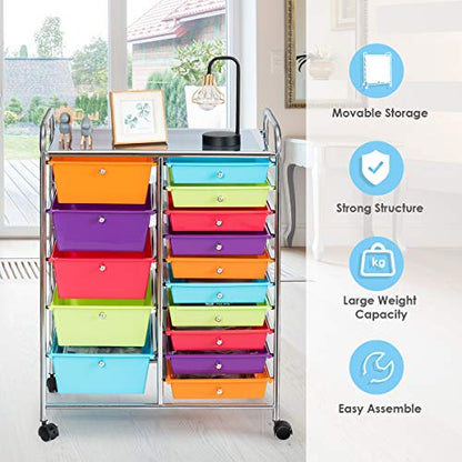 Giantex 15-Drawer Organizer Cart Office School Storage Cart Rolling Drawer Cart for Tools, Scrapbook, Paper (Multicolor) - WoodArtSupply