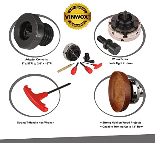 VINWOX SCR4-4 Wood Lathe Chuck, 4-Jaw Self-Centering Chuck, with 1"x8TPI thread & 3/4"x16TPI Adapter, 3 Years Warranty VINWOX