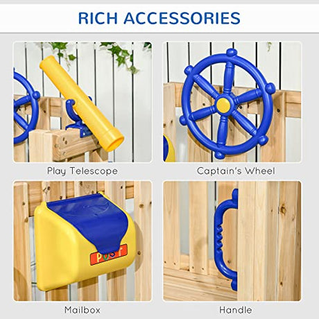 Outsunny 3 in 1 Wooden Swing Set Outdoor Playset with Baby Swing Seat, Toddler Slide, Captain's Wheel, Telescope, Kids Backyard Playground Equipment, Outsunny