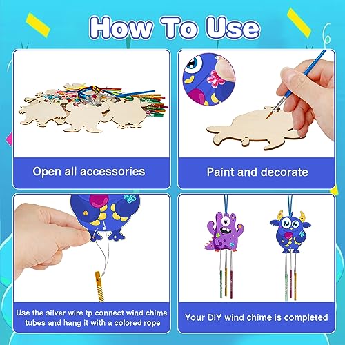 Monster Wind Chime Craft Kit for Kids - DIY Wooden Arts & Crafts Activity Fennoral