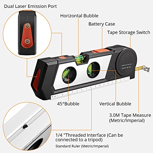 Neoteck Laser Line Level (Class 2 Laser, Power Output<1mW) with 3m/9.8ft Measure Tape Ruler Leveling Bubble Horizontal Vertical Cross Line Laser Tool - WoodArtSupply