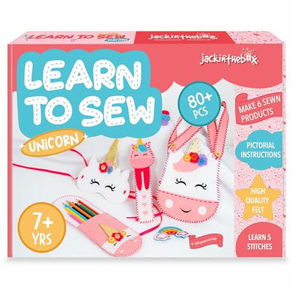 jackinthebox Learn to Sew | Unicorn Theme Kids Sewing kit with 6 Sewing Crafts | Sewing kit for Kids Ages 6 7 8 9 10 | Premium Quality Felt | Has