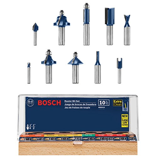 BOSCH RBS010 10-Piece 1/2 In. and 1/4 In. Shank Carbide-Tipped All-Purpose Professional Router Bits Assorted Set with Case for Applications in