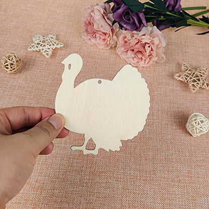 Creaides 20pcs Turkey Wood DIY Crafts Cutouts Wooden Turkey Shaped Hanging Ornaments with Hole Hemp Ropes Gift Tags for Fall Harvest Thanksgiving