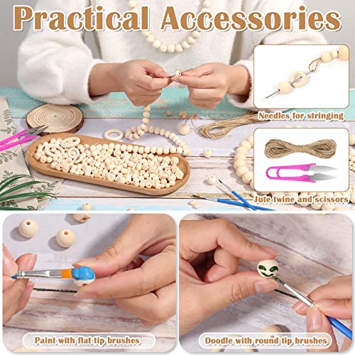 Wooden Beads for Crafts, 660 Pcs Natural Loose Wood Beads Rings Bulk Include Unfinished Beads with Holes, Smooth Wooden Ring, Polygon Spacer Beads Lucomb