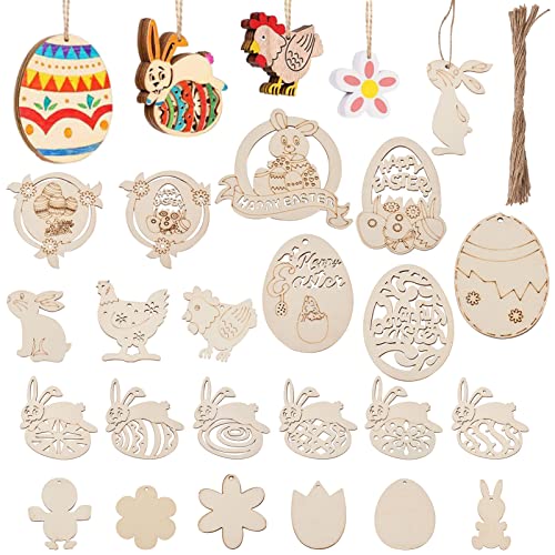 Pandahall 48pcs Unfinished Wood Easter Ornaments Egg Bunny Duck Tulip Chicks Wooden Blank Cutout Slices with 70pcs Hemp Cord 48pcs Wiggle Googly Eyes PH PandaHall