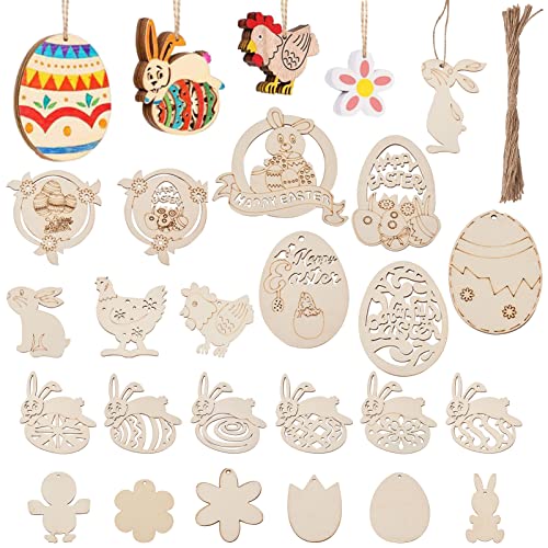 Pandahall 48pcs Unfinished Wood Easter Ornaments Egg Bunny Duck Tulip Chicks Wooden Blank Cutout Slices with 70pcs Hemp Cord 48pcs Wiggle Googly Eyes - WoodArtSupply