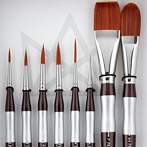KINGART 1070C Premium Precision Mixed Media Artist Paint Brushes Set of 8, Ergonomic Comfort Short Handle, Oil, Watercolor, Acrylic Painting, Gift