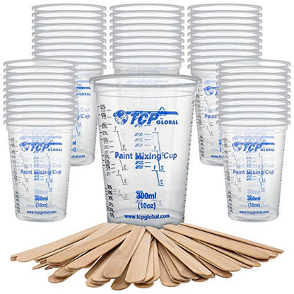 TCP Global 10 Ounce (300ml) Disposable Flexible Clear Graduated Plastic Mixing Cups - Box of 50 Cups & 50 Mixing Sticks - Use for Paint, Resin, - WoodArtSupply