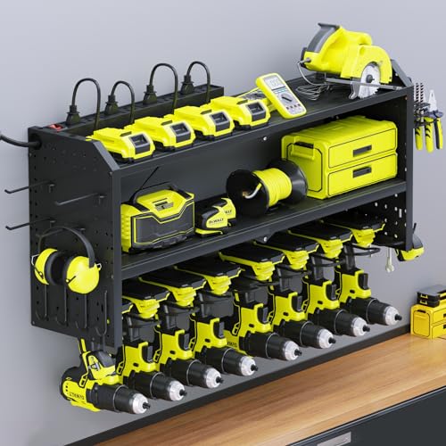 KAFAHOM Power Tool Organizer with Charging Station, Built in 8 Outlet Power Strip,Large 8 Drill Holder Wall Mount, Heavy Duty Metal Power Tool KAFAHOM