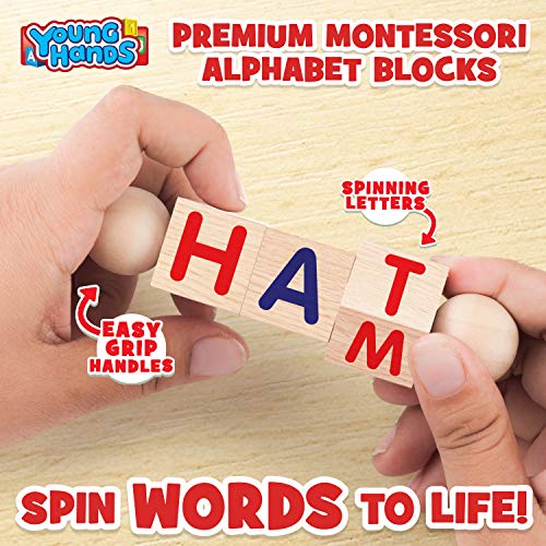 Creative Kids Wooden Reading Blocks - Set of 5 Spinning Alphabet Blocks w/ Easy-Grip Handles - Kindergarten Preschool Learning Activities Letter Work - WoodArtSupply