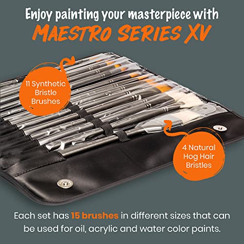 Professional Paint Brushes Art Supplies. Artist Paint Brushes for Oil, Acrylic Painting on Canvas, Watercolor, Gouache. 15pc Travel Bag Brush Holder D'Artisan Shoppe