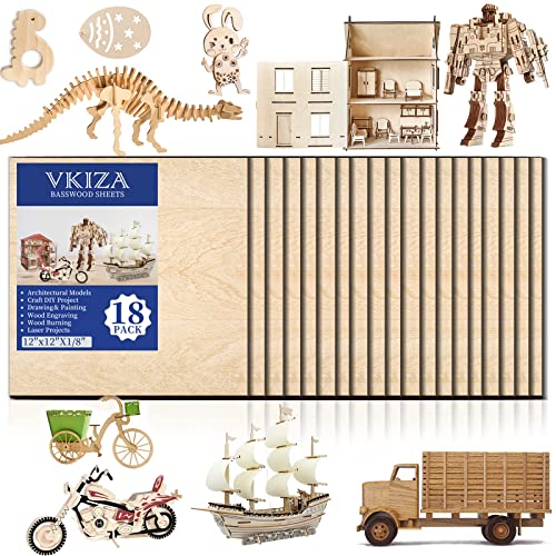18 Pack Basswood Sheets 12"x12"x1/8" for Crafts, Unfinished Wood, Basswood Craft Wood Board Perfect for DIY Ornaments and Models Drawing Painting VKIZA