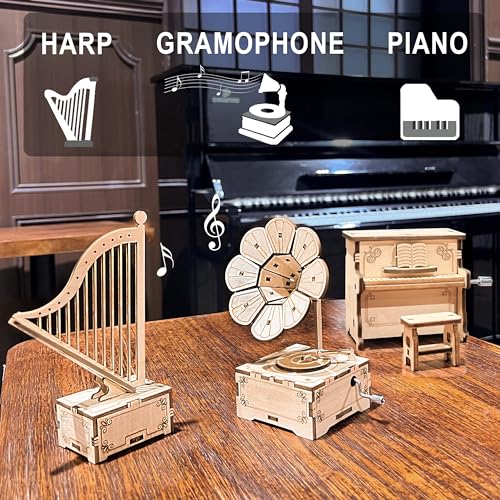 CYAZOO 3in1 3D Wooden Assembly Puzzle Hand Crank Music Box Set Wood Craft Kit-DIY Musical Instrument Model Toy-Home Decoration Best C·YAZOO