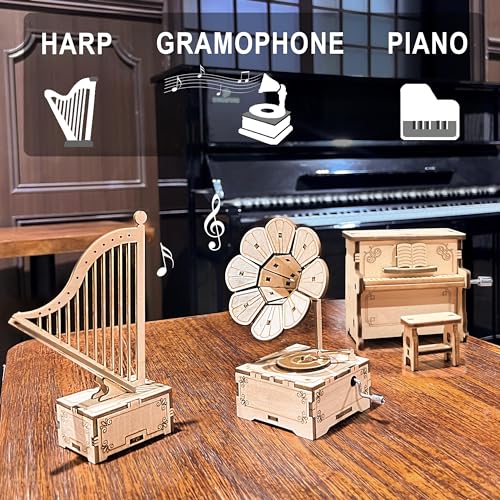 CYAZOO 3in1 3D Wooden Assembly Puzzle Hand Crank Music Box Set Wood Craft Kit-DIY Musical Instrument Model Toy-Home Decoration Best - WoodArtSupply