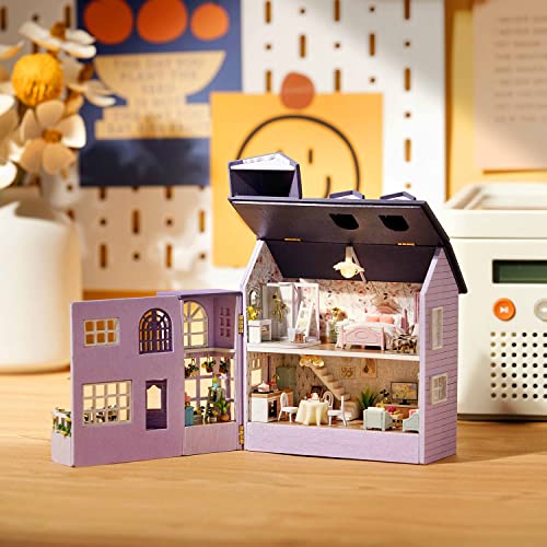 TuKIIE DIY Miniature Dollhouse Kit with Furniture, 1:32 Scale Creative Room Opened & Closed Mini Wooden Doll House for Kids Teens Adults(Happy House) TuKIIE