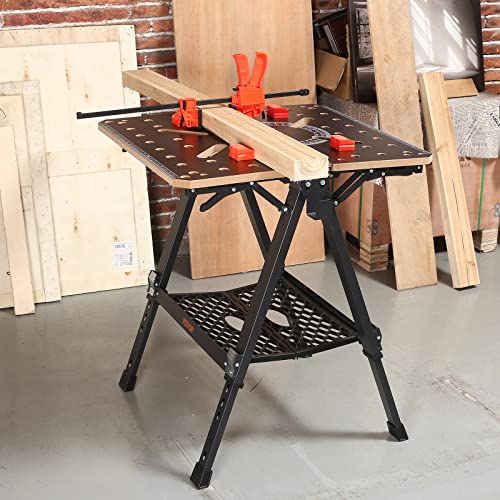 VEVOR Folding Work Table, 2-in-1 as Sawhorse & Workbench, 1000 lbs Capacity, 7 Adjustable Heights, Steel Legs, Portable Foldable Tool Stand with Wood VEVOR