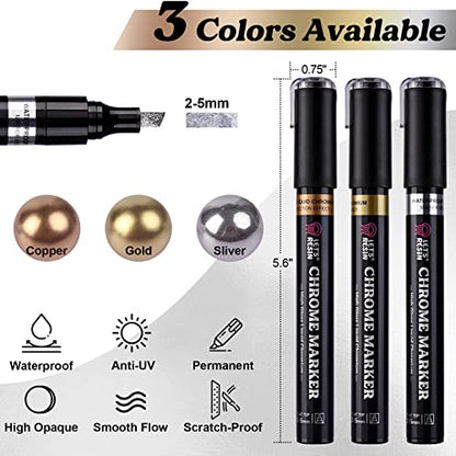 LET'S RESIN Liquid Mirror Chrome Metallic Markers, Reflective Gloss, 2-5mm Larger Application Area, 3 Colors Epoxy Resin Tools / Supplies for