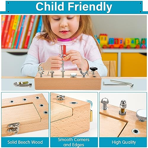 WOODMAM Montessori Screwdriver Board Set, Storage Box & Strap Toddler Travel, Wooden Montessori Toys Fine Motor Skills Toys for 3 4 5 Year Old Kids, WOODMAM