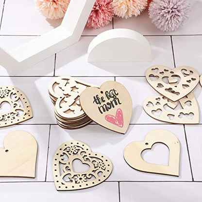 80 Pieces Valentine's Unfinished Heart Shaped Wood Slices Pre-drilled DIY Heart Slices Wooden Heart Ornaments with Natural Twine (3 x 3 Inches, Wood