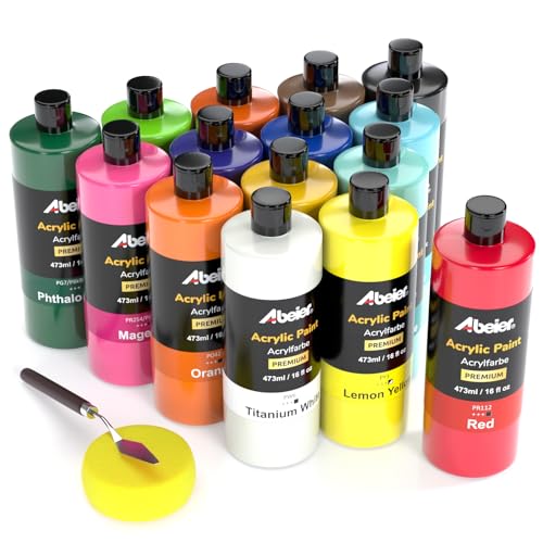 ABEIER Large Bulk Acrylic Paint Set, 15 Colors (473 ml/16 fl oz), Matte Finish, Rich Pigments, Non-Toxic Paints for Painting on Canvas Crafts Wood