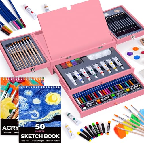 Art Set 85 Piece with Built-in Wooden Easel, 2 Drawing Pad, Art Supplies in Portable Wooden Case-Painting & Drawing Set Professional Art Kit - WoodArtSupply